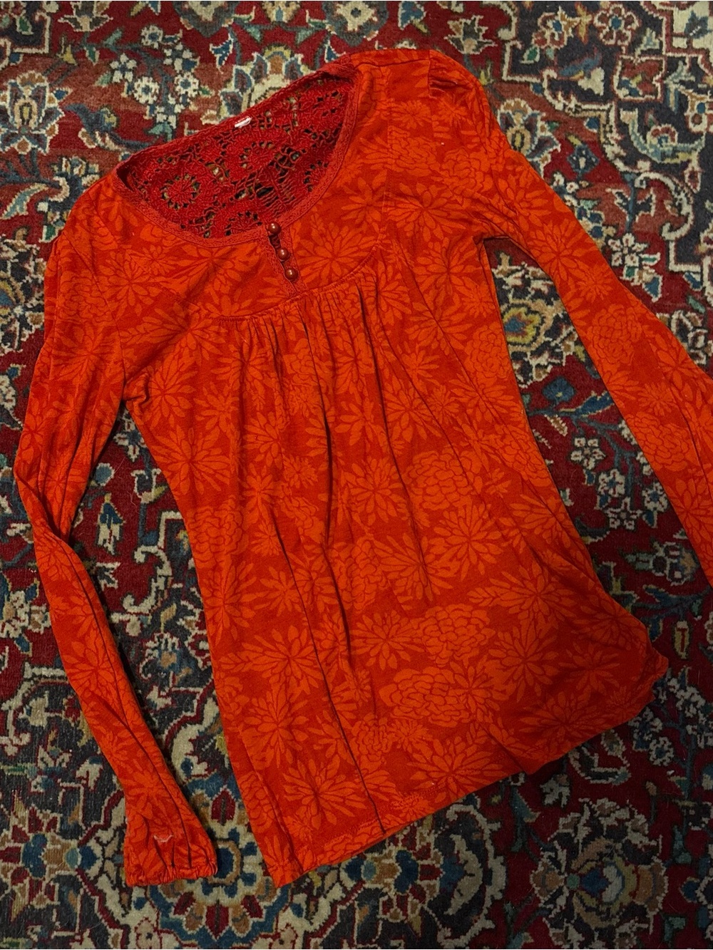 Vintage 70s Style Crochet Back Red Floral Top